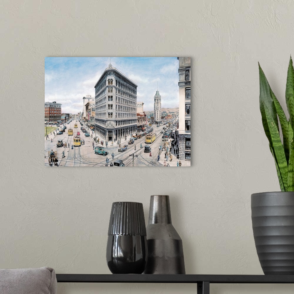 A modern room featuring Contemporary painting of a bustling street in Oakland.