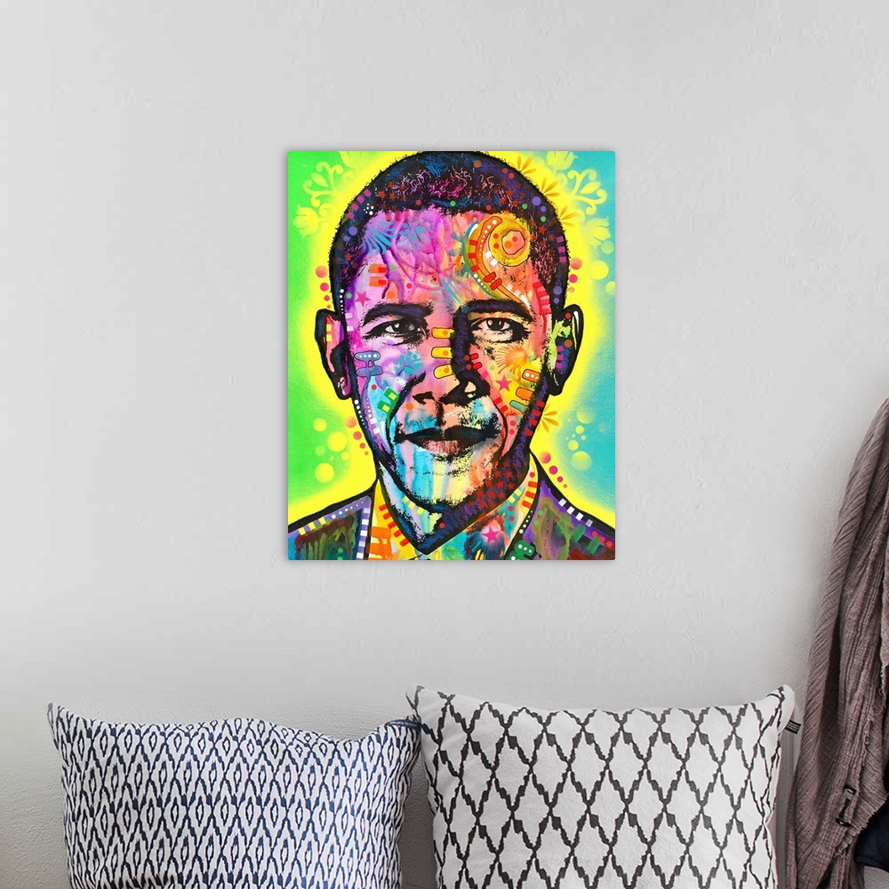 A bohemian room featuring Pop art style painting of Barack Obama with different colors and abstract designs all over.