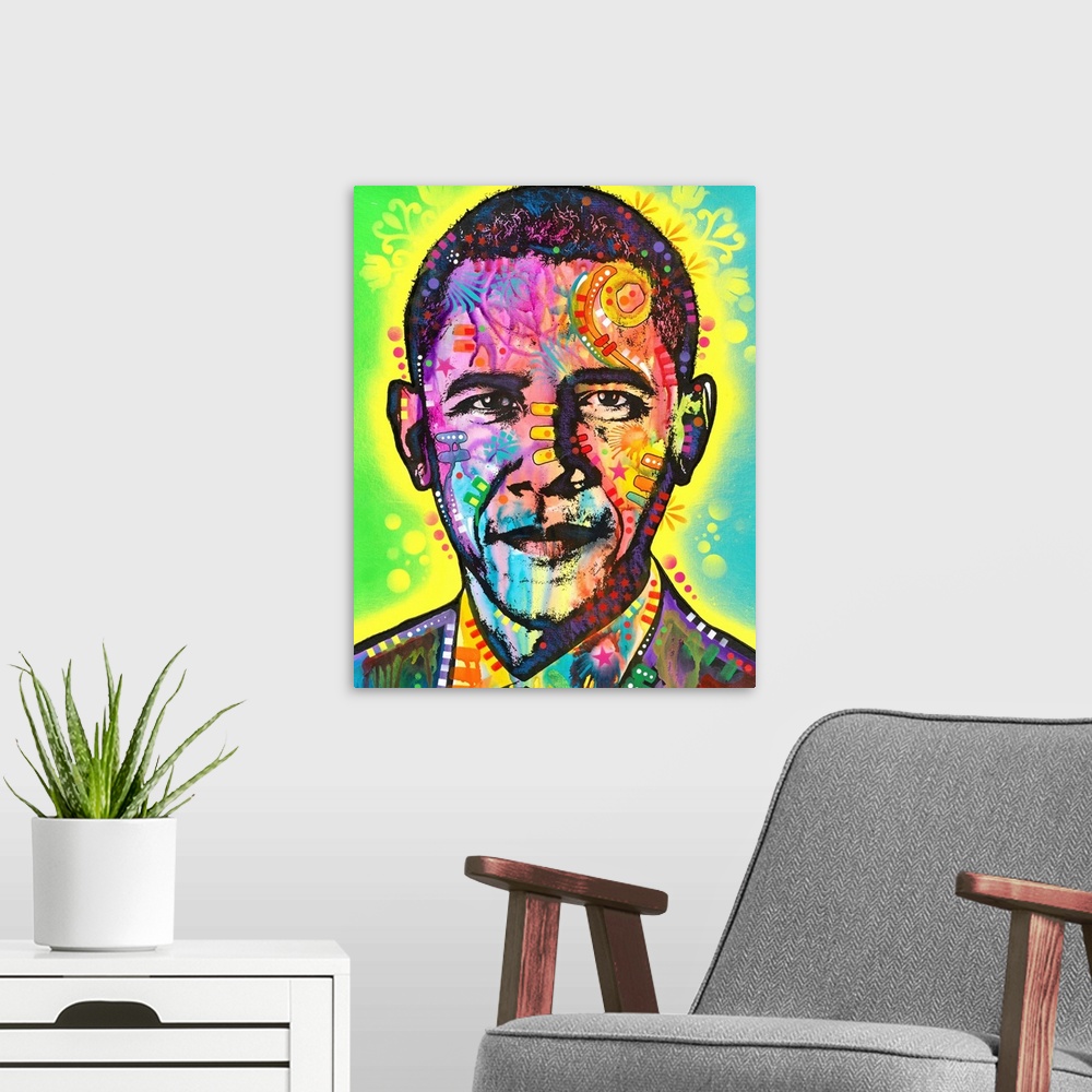 A modern room featuring Pop art style painting of Barack Obama with different colors and abstract designs all over.