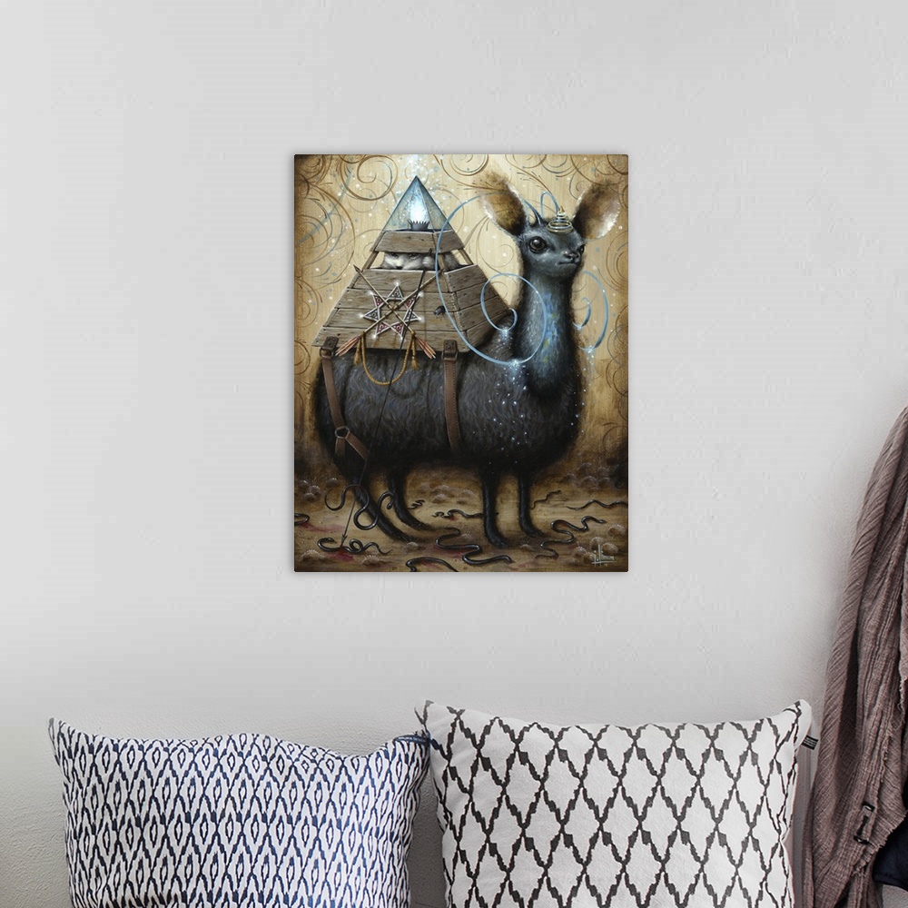 A bohemian room featuring Surrealist painting of a llama-type animal with pyramid shaped box on its back containing an animal.
