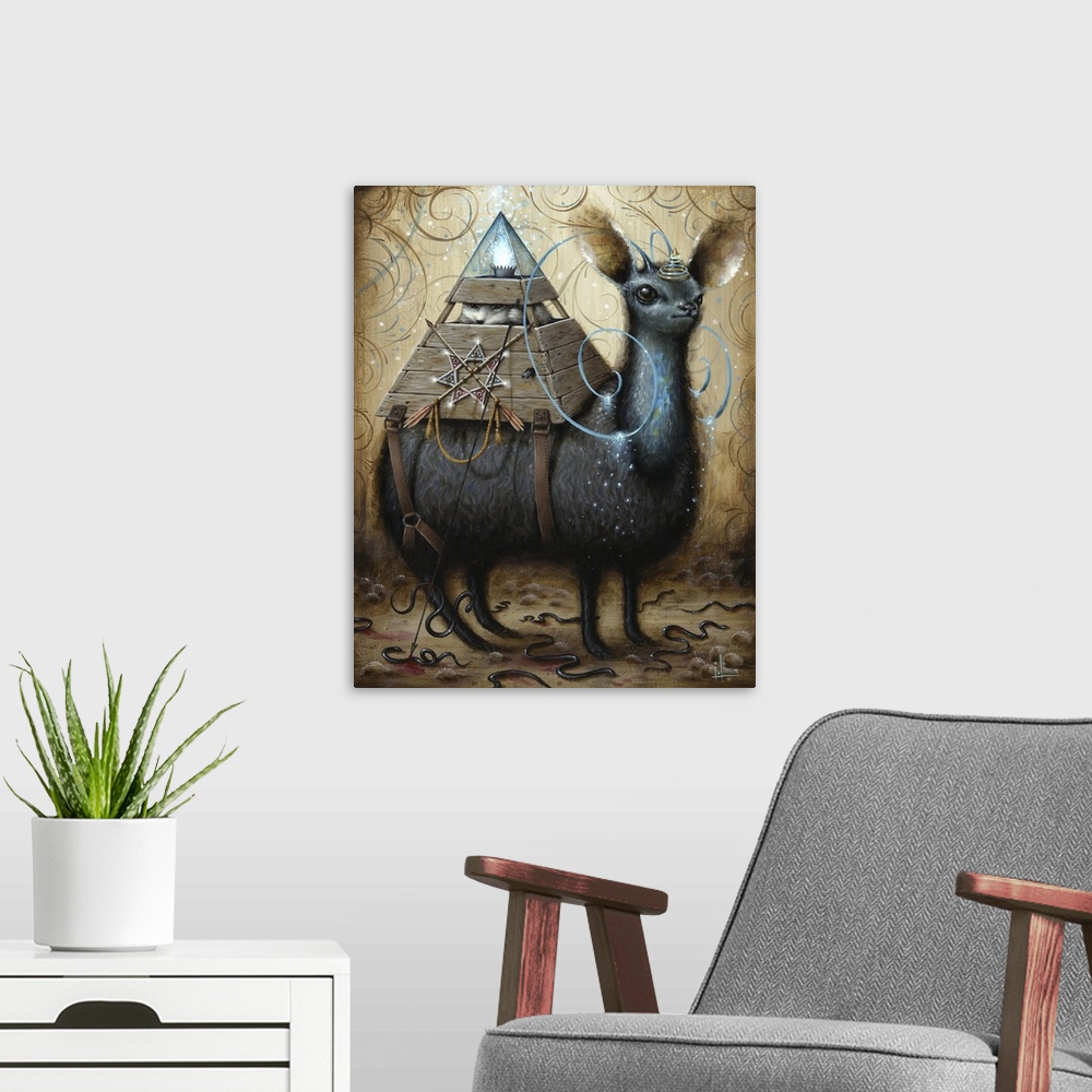 A modern room featuring Surrealist painting of a llama-type animal with pyramid shaped box on its back containing an animal.