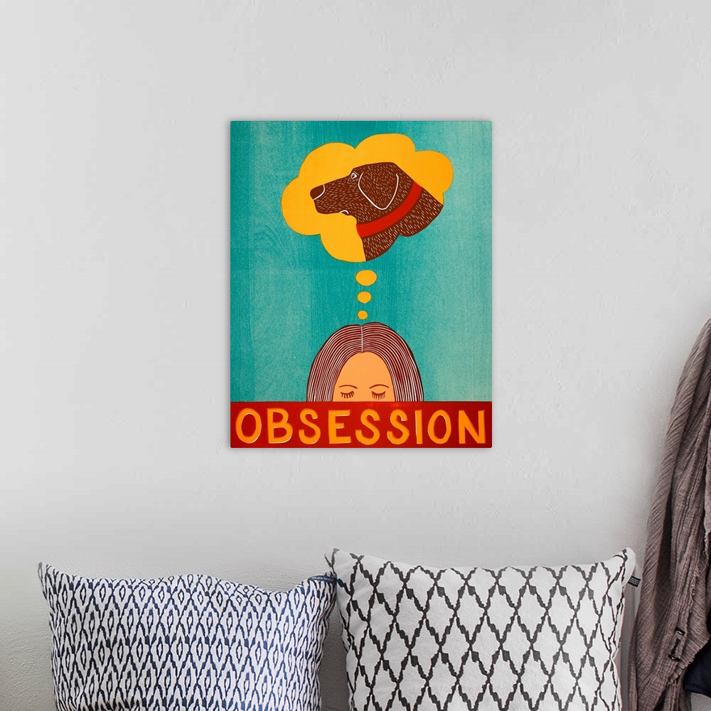 A bohemian room featuring Illustration of a woman with a thought bubble above her head that has a picture of her chocolate ...