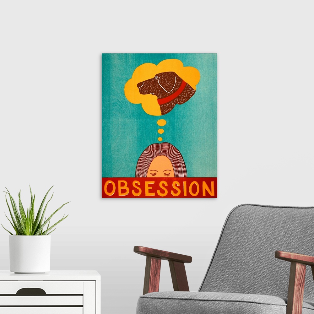 A modern room featuring Illustration of a woman with a thought bubble above her head that has a picture of her chocolate ...
