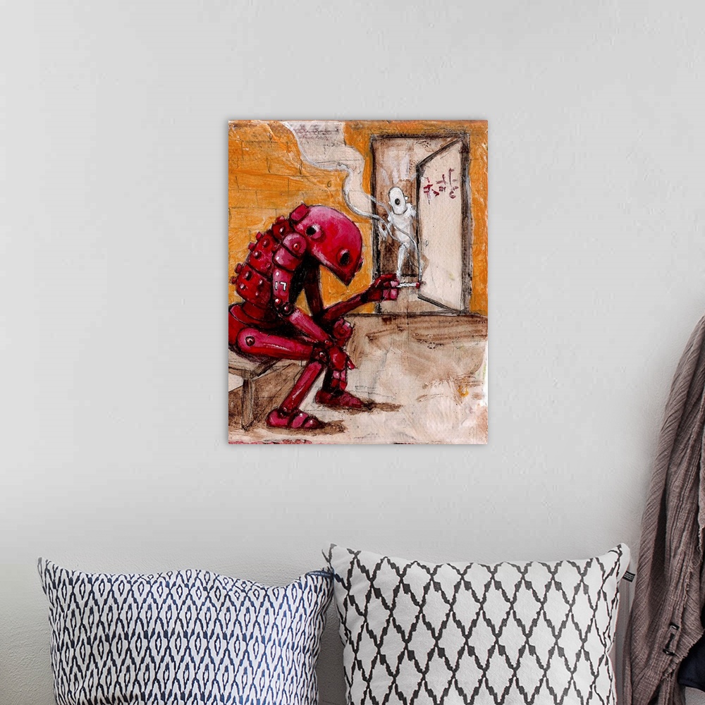A bohemian room featuring Illustration of a red robot sitting on a bench and smoking.