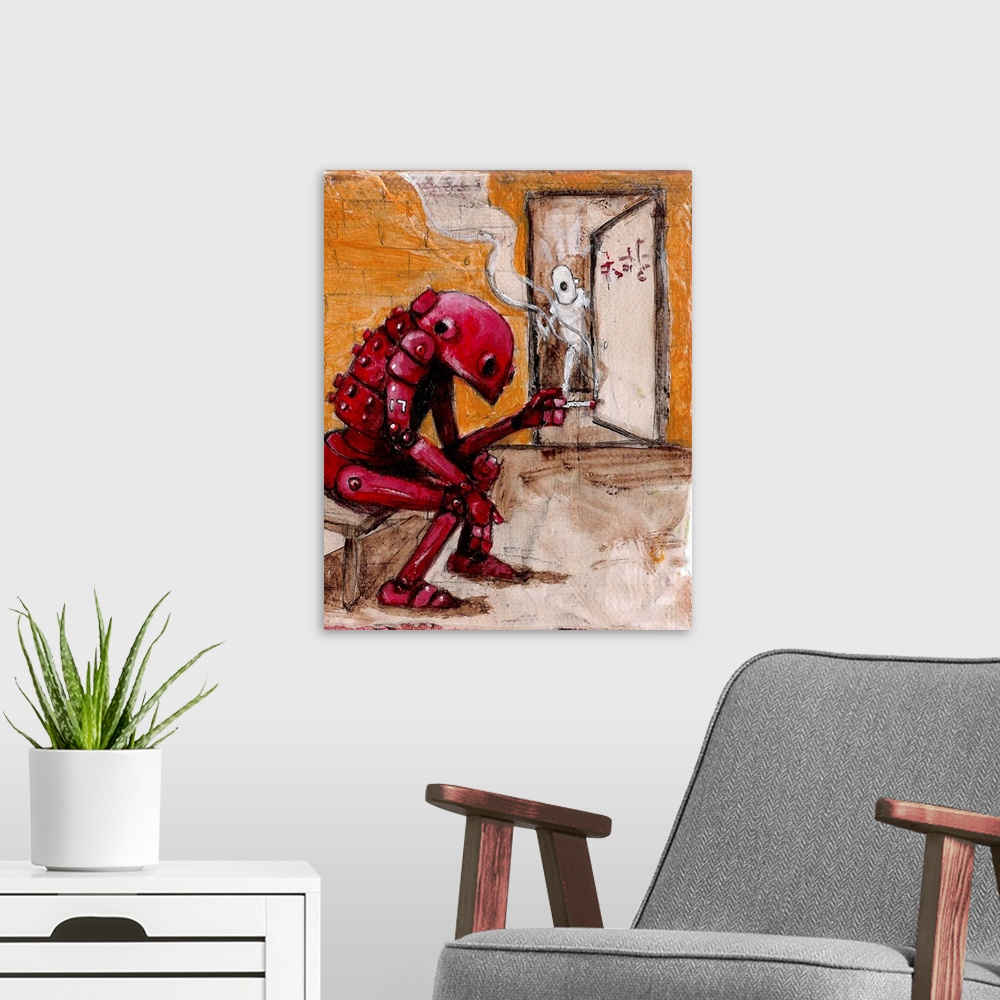 A modern room featuring Illustration of a red robot sitting on a bench and smoking.