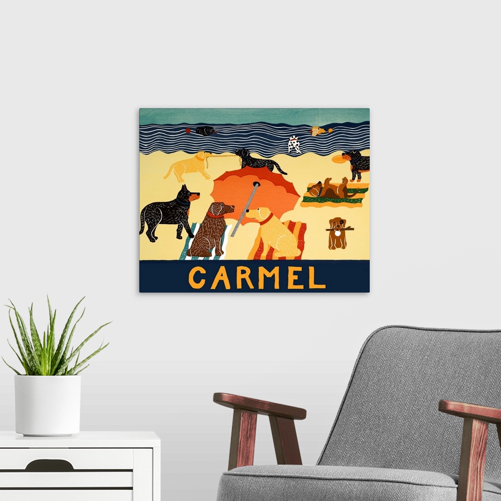 A modern room featuring Illustration of multiple breeds of dogs having a beach day with "Carmel" written on the bottom.