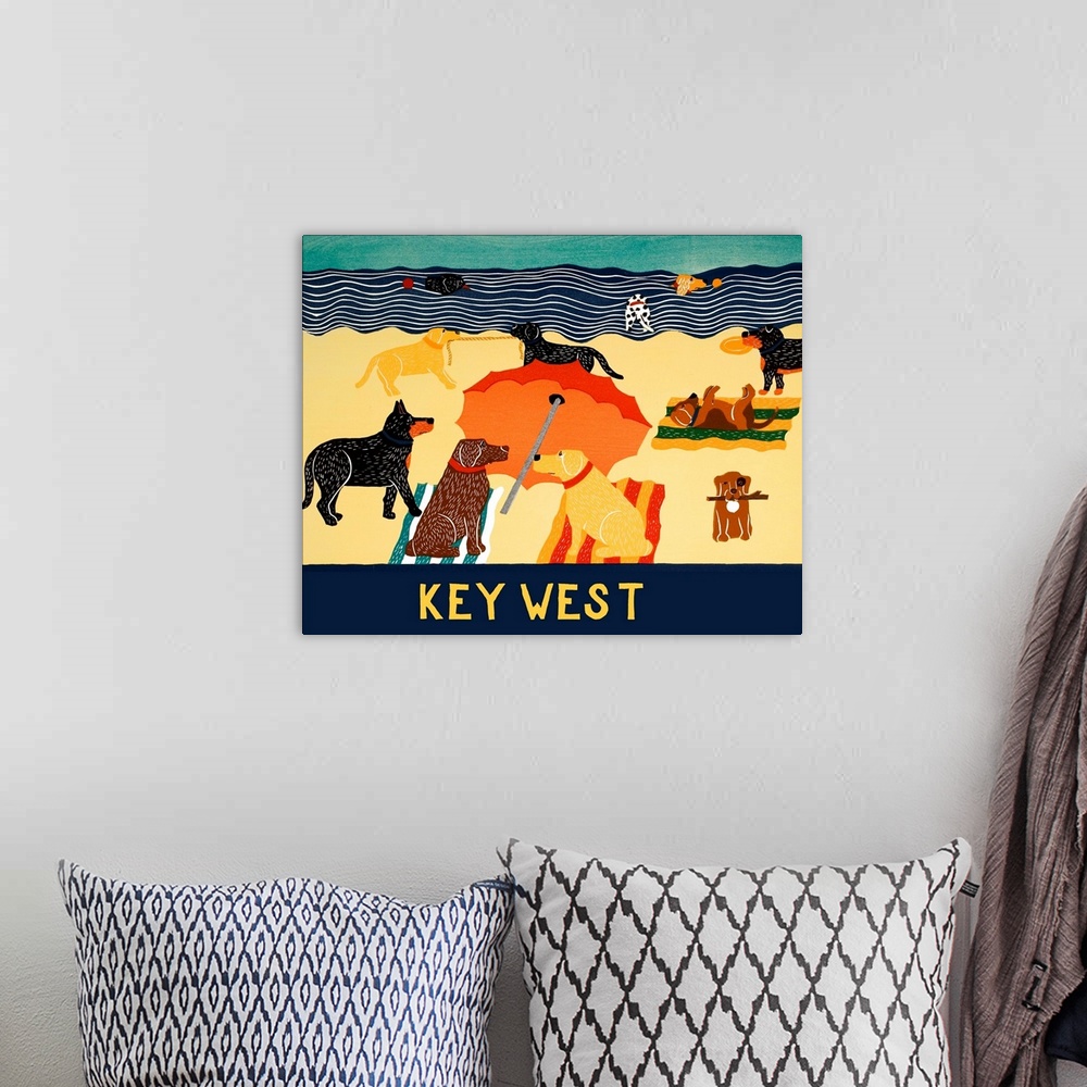 A bohemian room featuring Illustration of multiple breeds of dogs having a beach day with "Key West" written on the bottom.