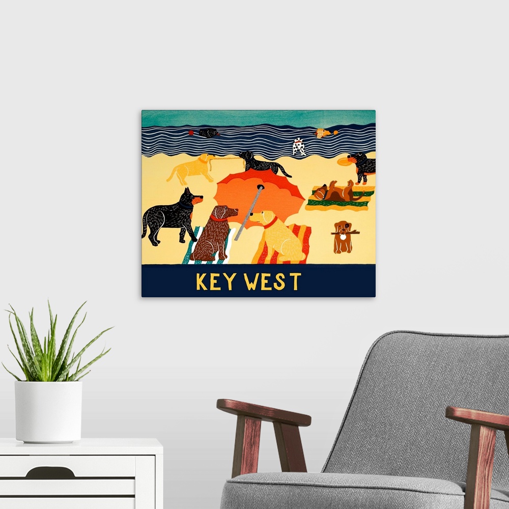A modern room featuring Illustration of multiple breeds of dogs having a beach day with "Key West" written on the bottom.