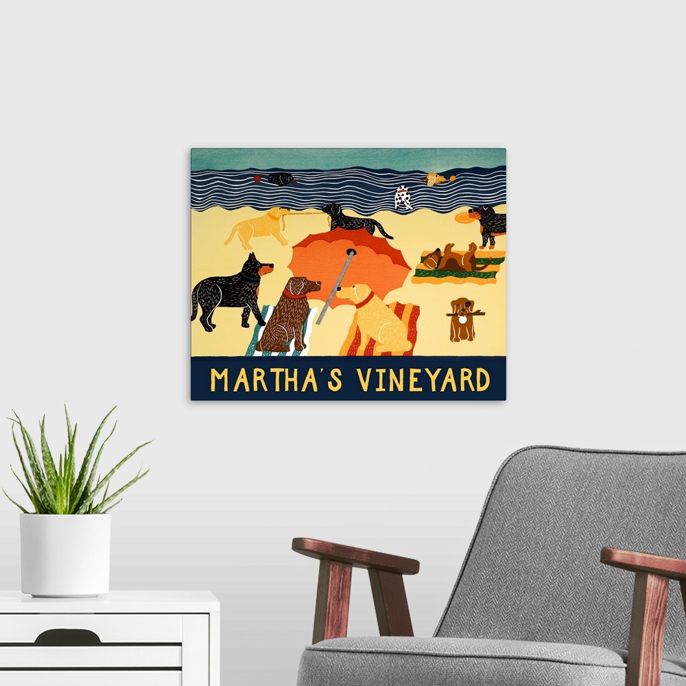 A modern room featuring Illustration of multiple breeds of dogs having a beach day with "Martha's Vineyard" written on th...