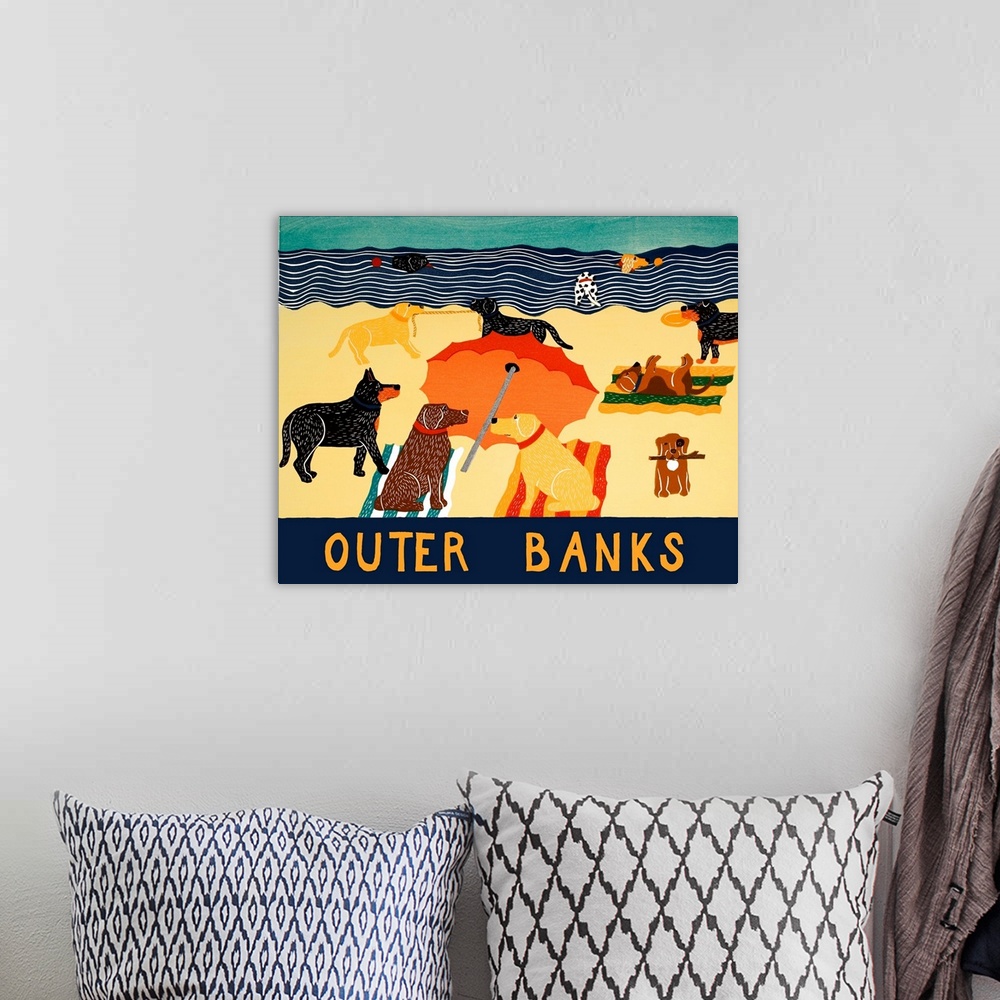 A bohemian room featuring Illustration of multiple breeds of dogs having a beach day with "Outer Banks" written on the bottom.