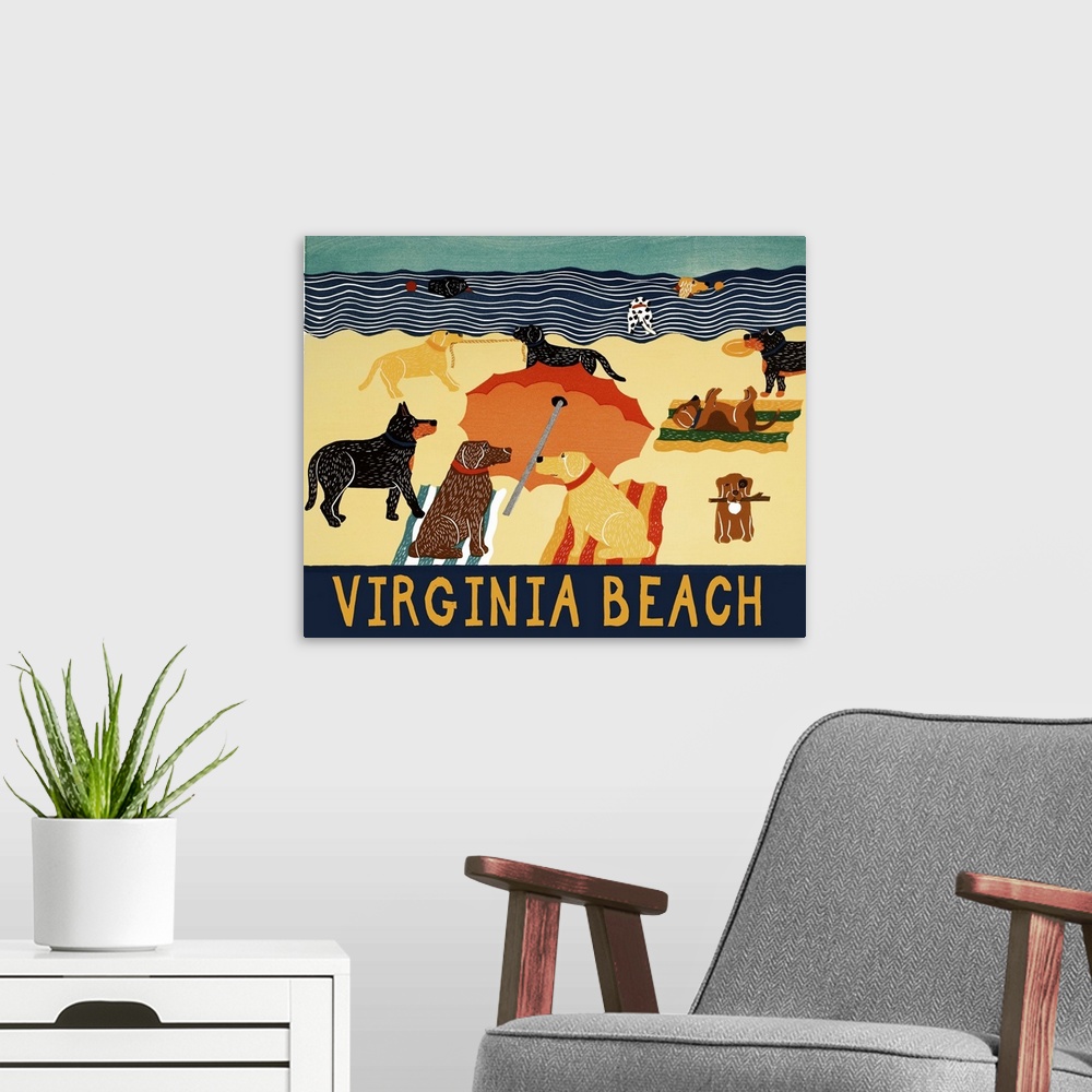 A modern room featuring Illustration of multiple breeds of dogs having a beach day with "Virginia Beach" written on the b...