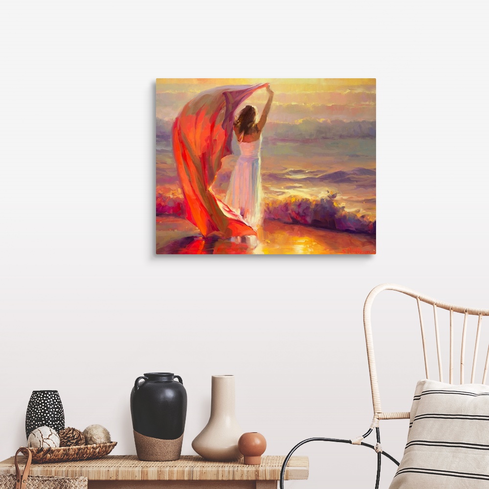 A farmhouse room featuring Painting of woman standing on beach and holding a scarf that is blowing in the wind.  The waves a...