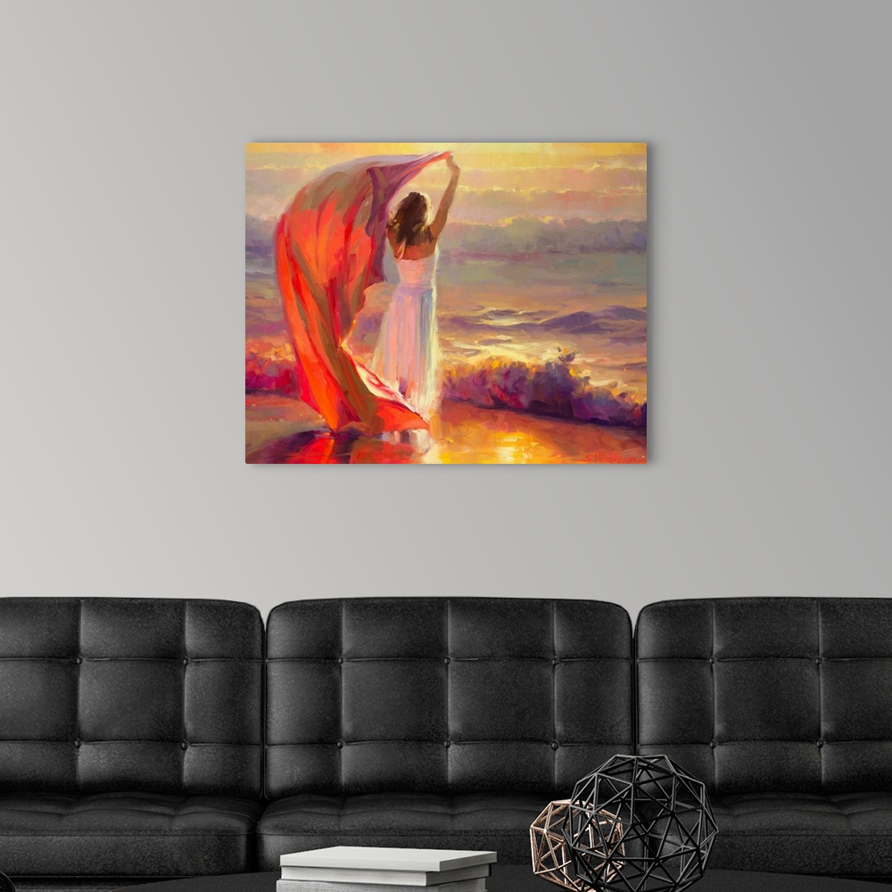 A modern room featuring Painting of woman standing on beach and holding a scarf that is blowing in the wind.  The waves a...
