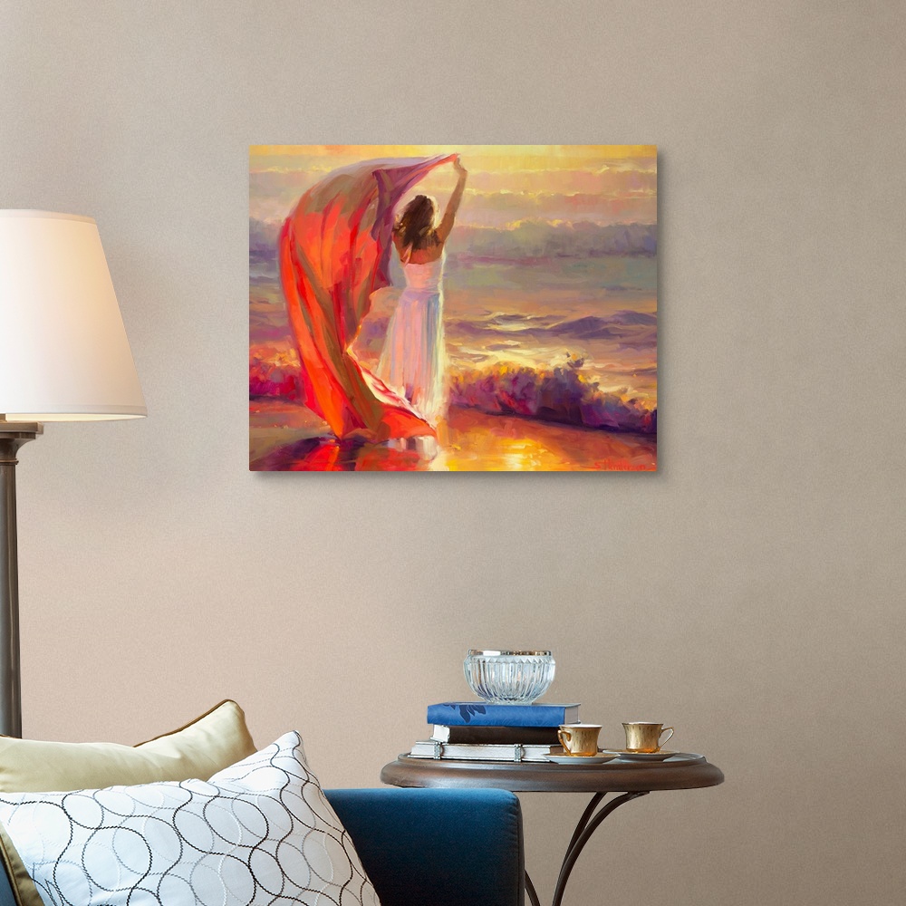 A traditional room featuring Painting of woman standing on beach and holding a scarf that is blowing in the wind.  The waves a...