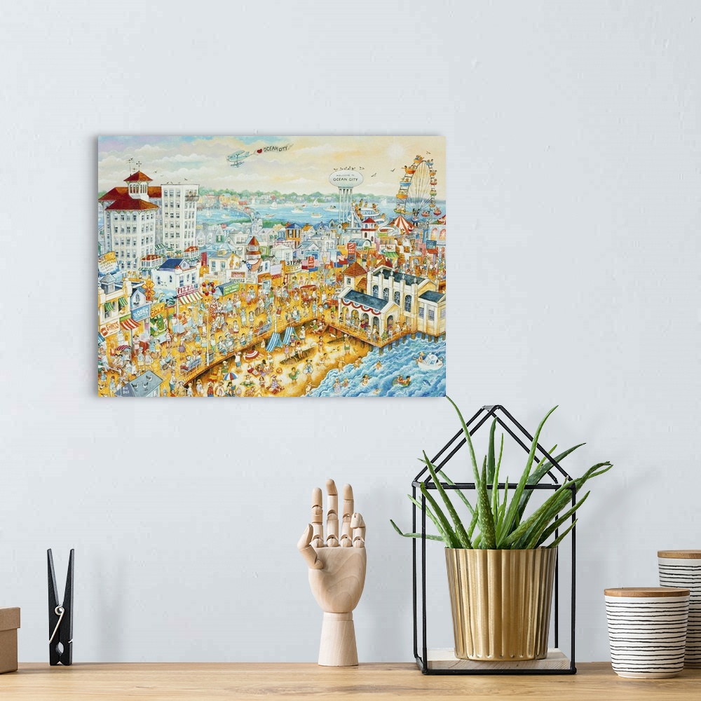 A bohemian room featuring Ocean City in the Summertime with a packed beach and carnival.