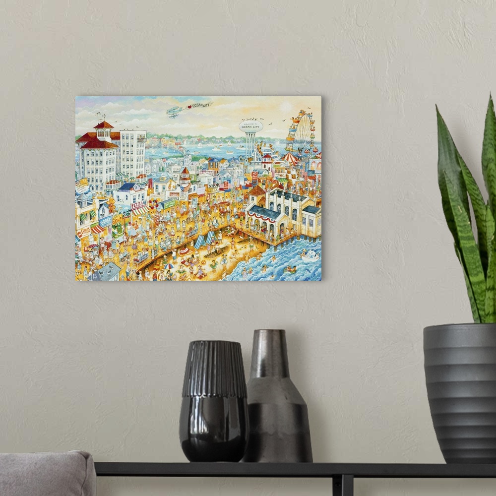 A modern room featuring Ocean City in the Summertime with a packed beach and carnival.