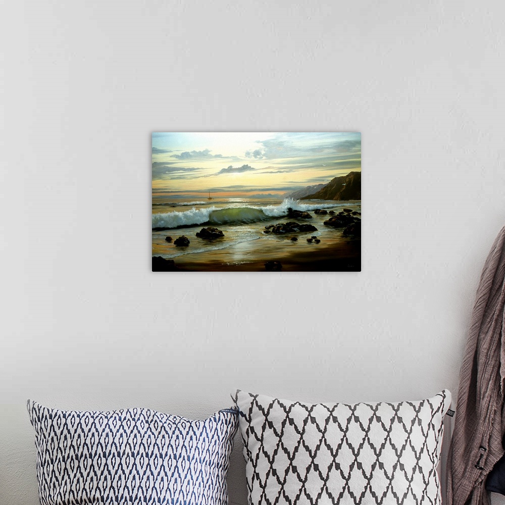 A bohemian room featuring Contemporary painting of waves crashing on the coastline at twilight.