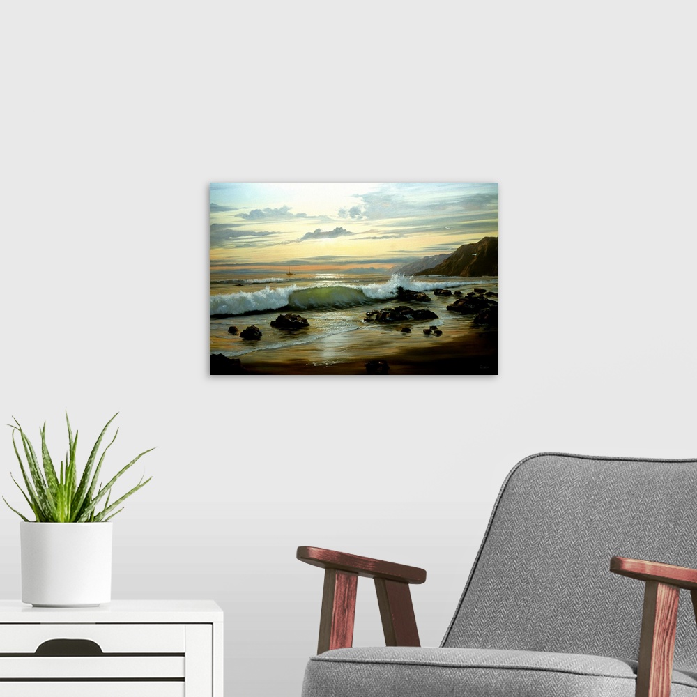 A modern room featuring Contemporary painting of waves crashing on the coastline at twilight.