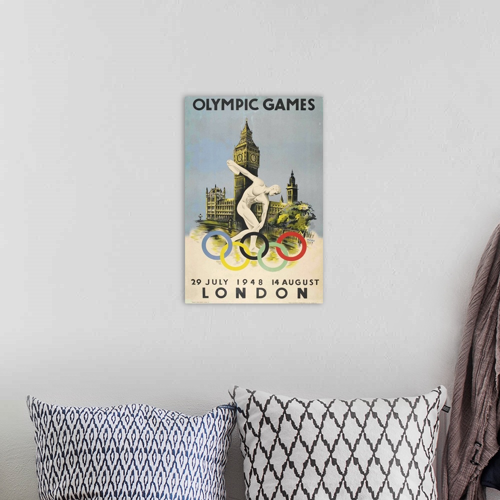 A bohemian room featuring Vintage poster advertisement for Official Poster for London Olympic Games 1948 Walter Herz.