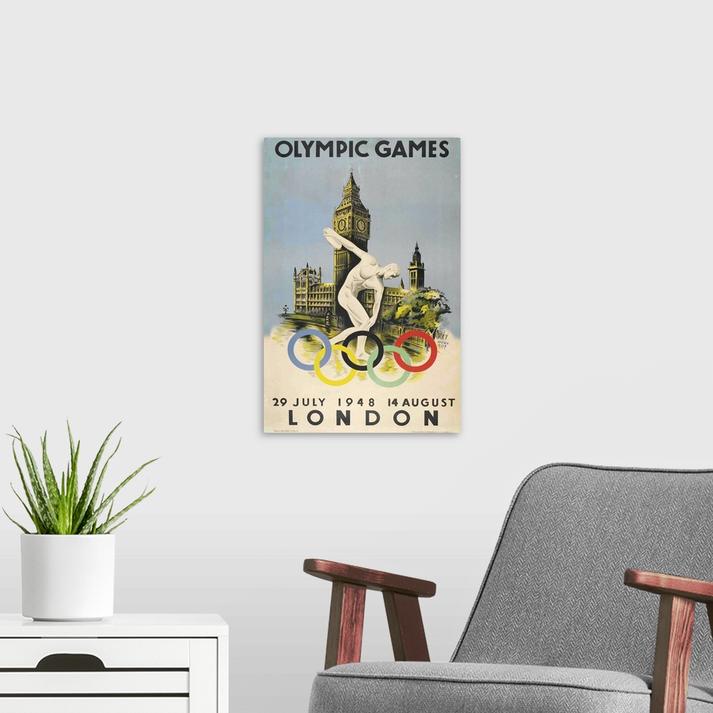 A modern room featuring Vintage poster advertisement for Official Poster for London Olympic Games 1948 Walter Herz.