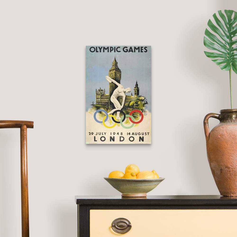 A traditional room featuring Vintage poster advertisement for Official Poster for London Olympic Games 1948 Walter Herz.