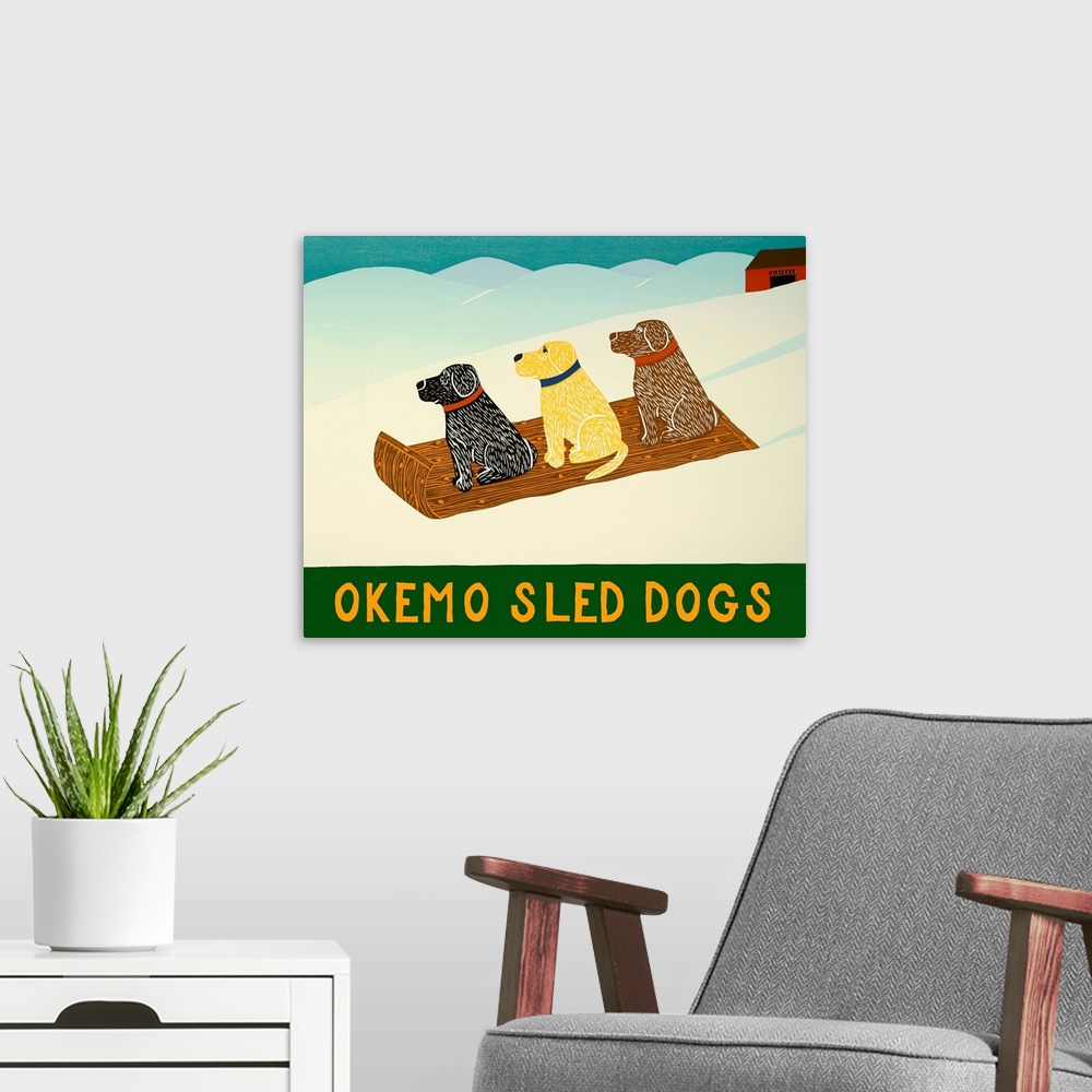 A modern room featuring Illustration of a chocolate, yellow, and black lab sledding down the slopes with the phrase "Okem...