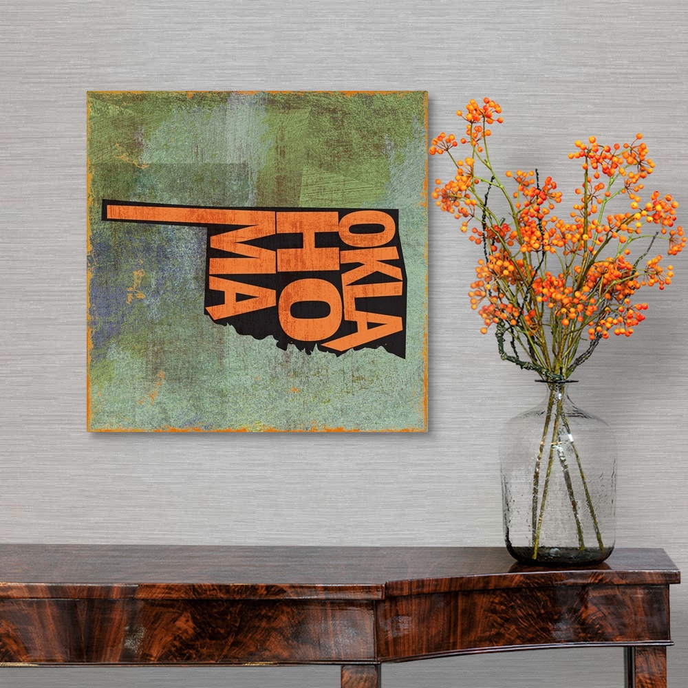 A traditional room featuring Contemporary typography art of a state outline against a grungy distressed background.