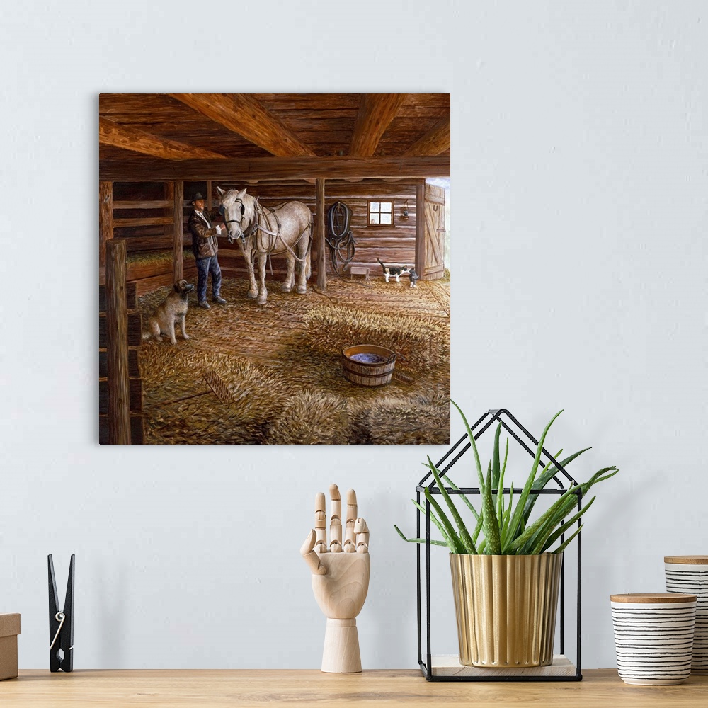 A bohemian room featuring Contemporary artwork of a man with his horse and dog in a barn.