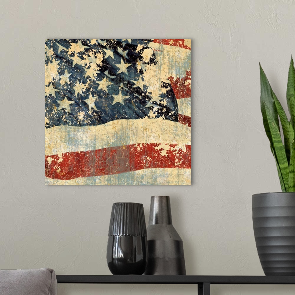 A modern room featuring star american flag