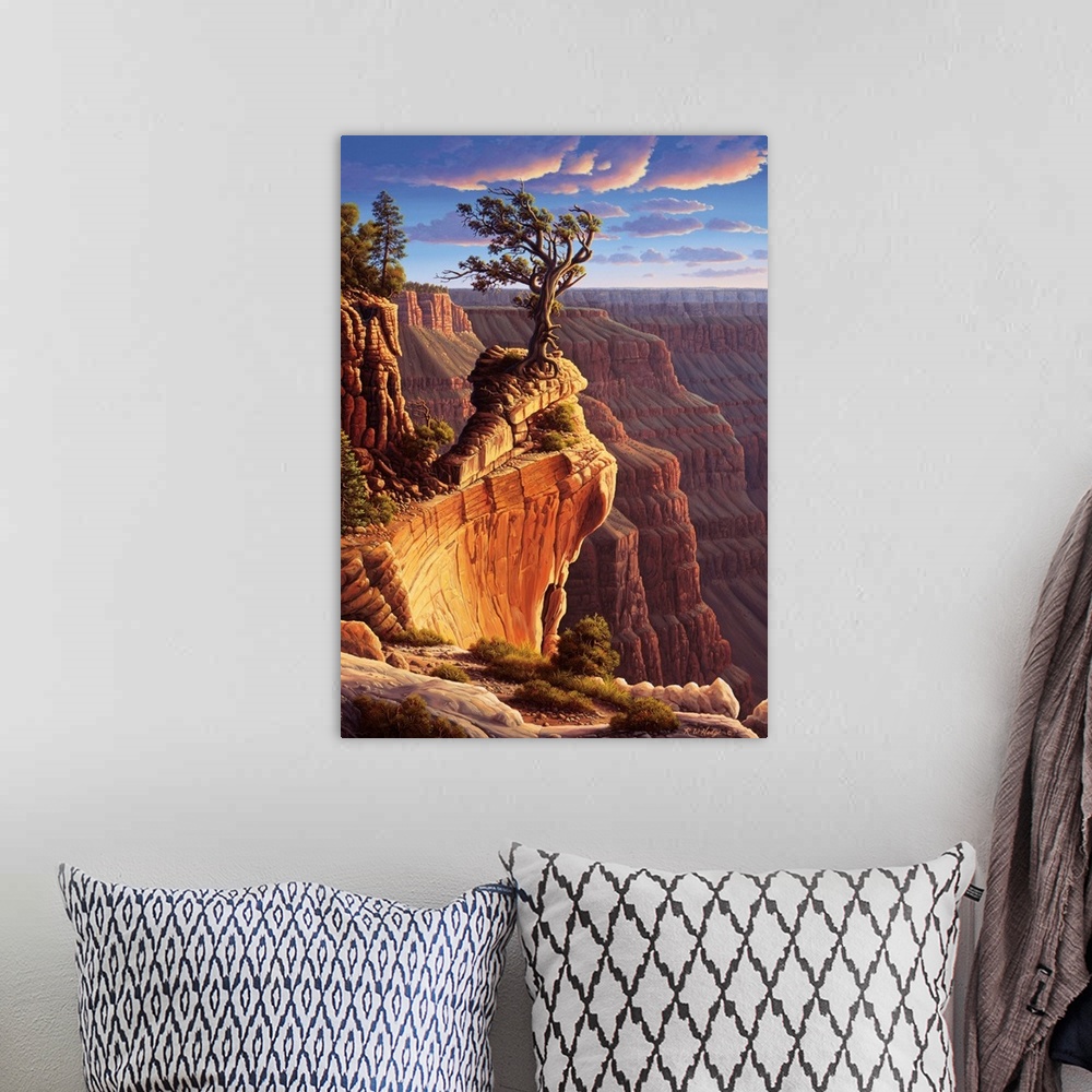 A bohemian room featuring A wind-worn tree stands atop the Grand Canyon.