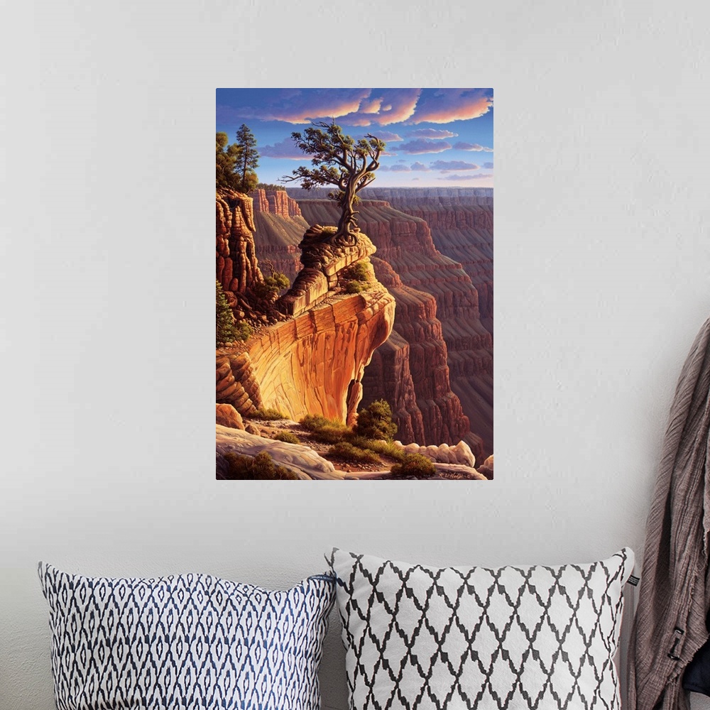 A bohemian room featuring A wind-worn tree stands atop the Grand Canyon.