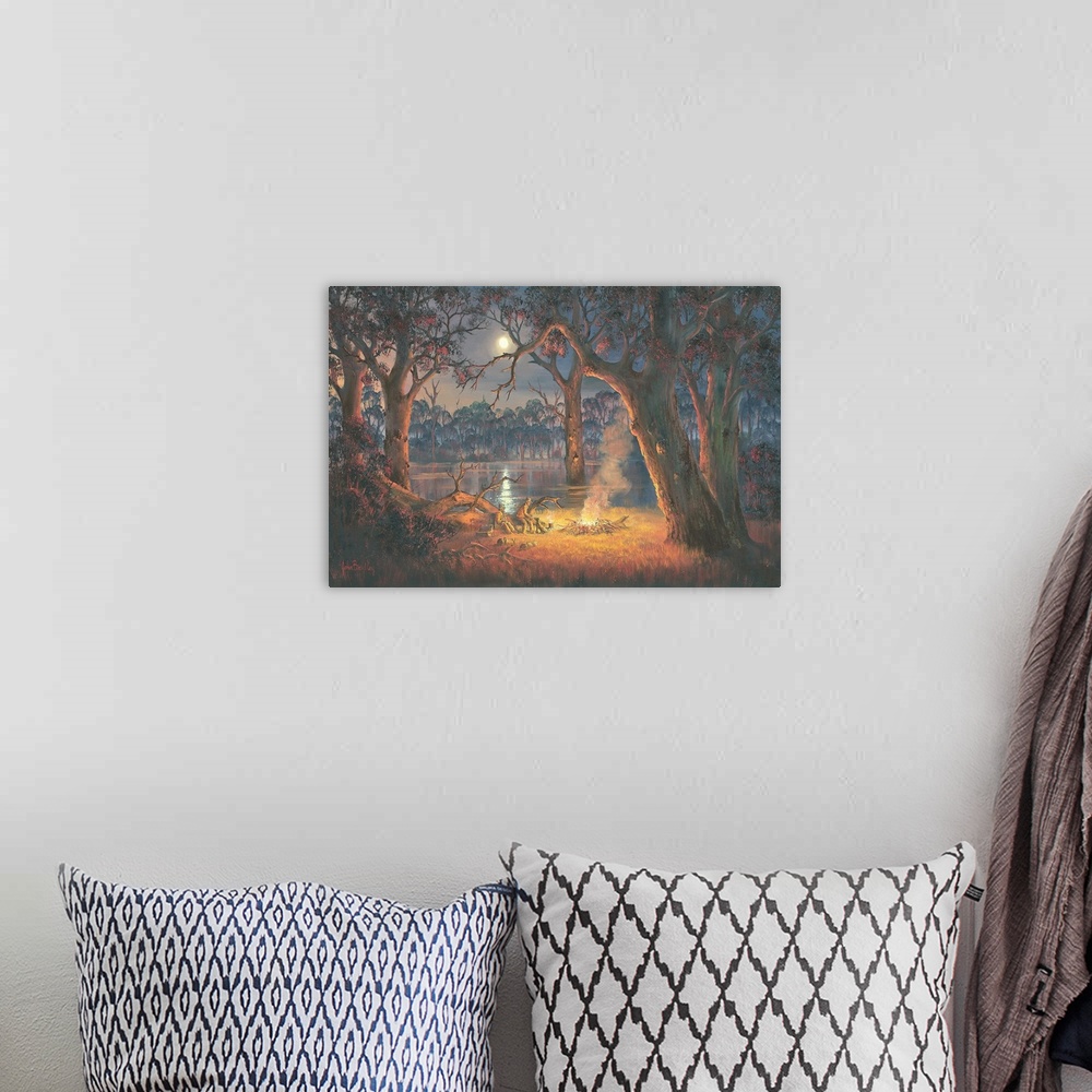 A bohemian room featuring Contemporary painting of old friends sitting beside a roaring campfire at night.