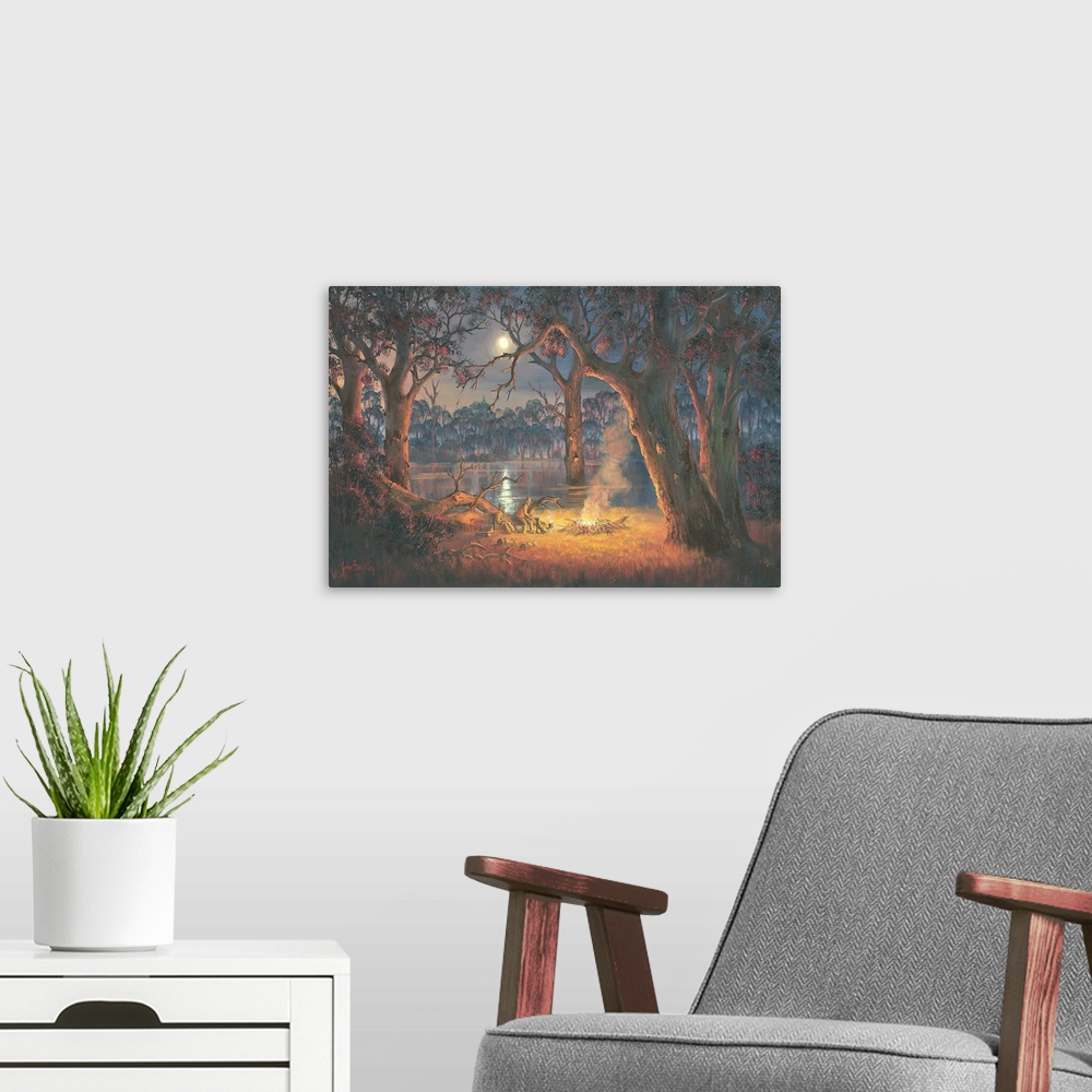 A modern room featuring Contemporary painting of old friends sitting beside a roaring campfire at night.