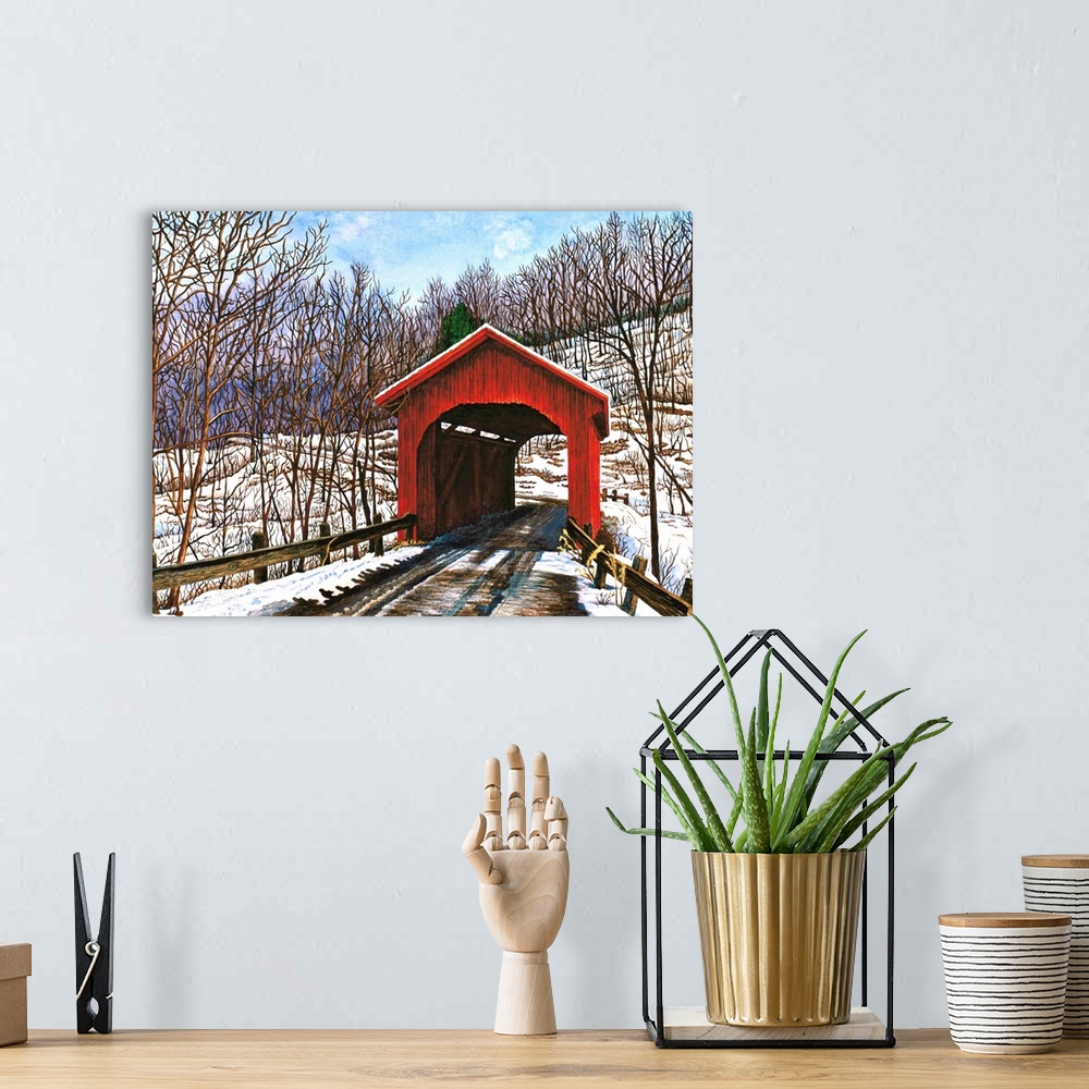 A bohemian room featuring Contemporary painting of an idyllic rural bridge scene.