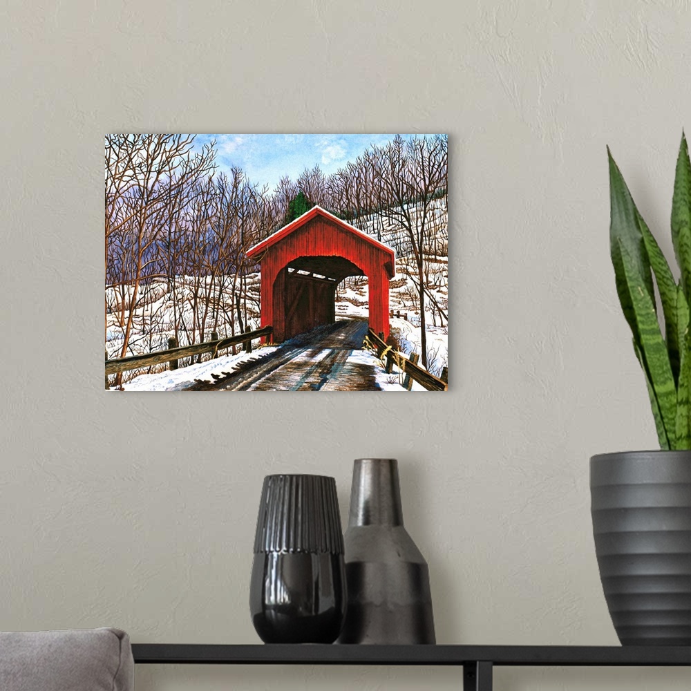 A modern room featuring Contemporary painting of an idyllic rural bridge scene.