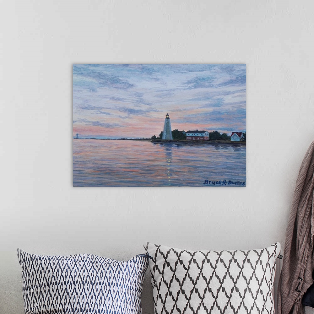 A bohemian room featuring Contemporary artwork of a lighthouse.