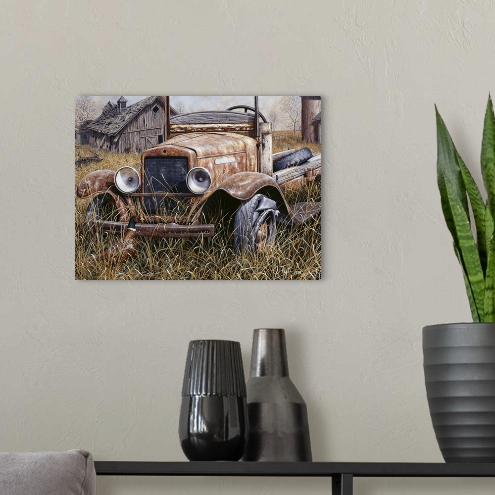 A modern room featuring an old truck sitting in a field with an old barn with the roof falling in on one side and an old ...