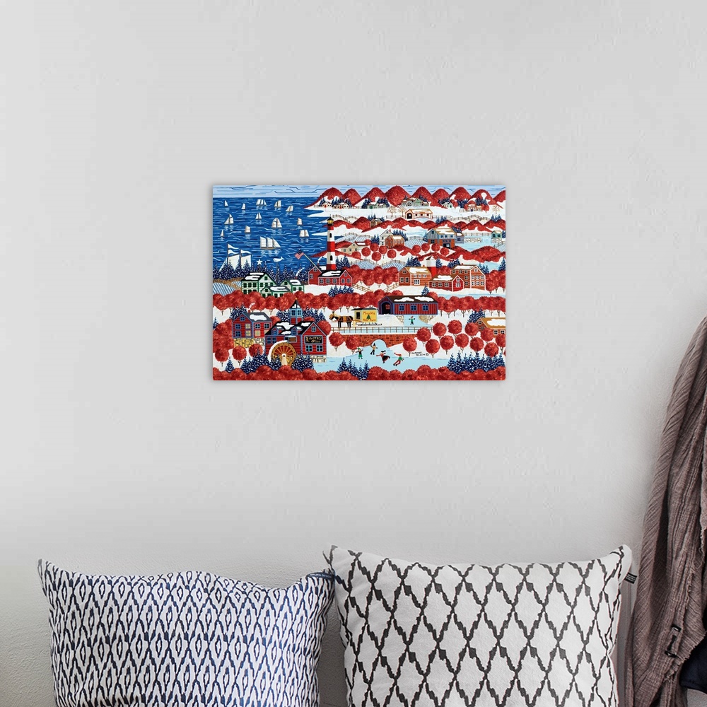 A bohemian room featuring A contemporary Americana painting of a countryside town in winter resembling the American flag.