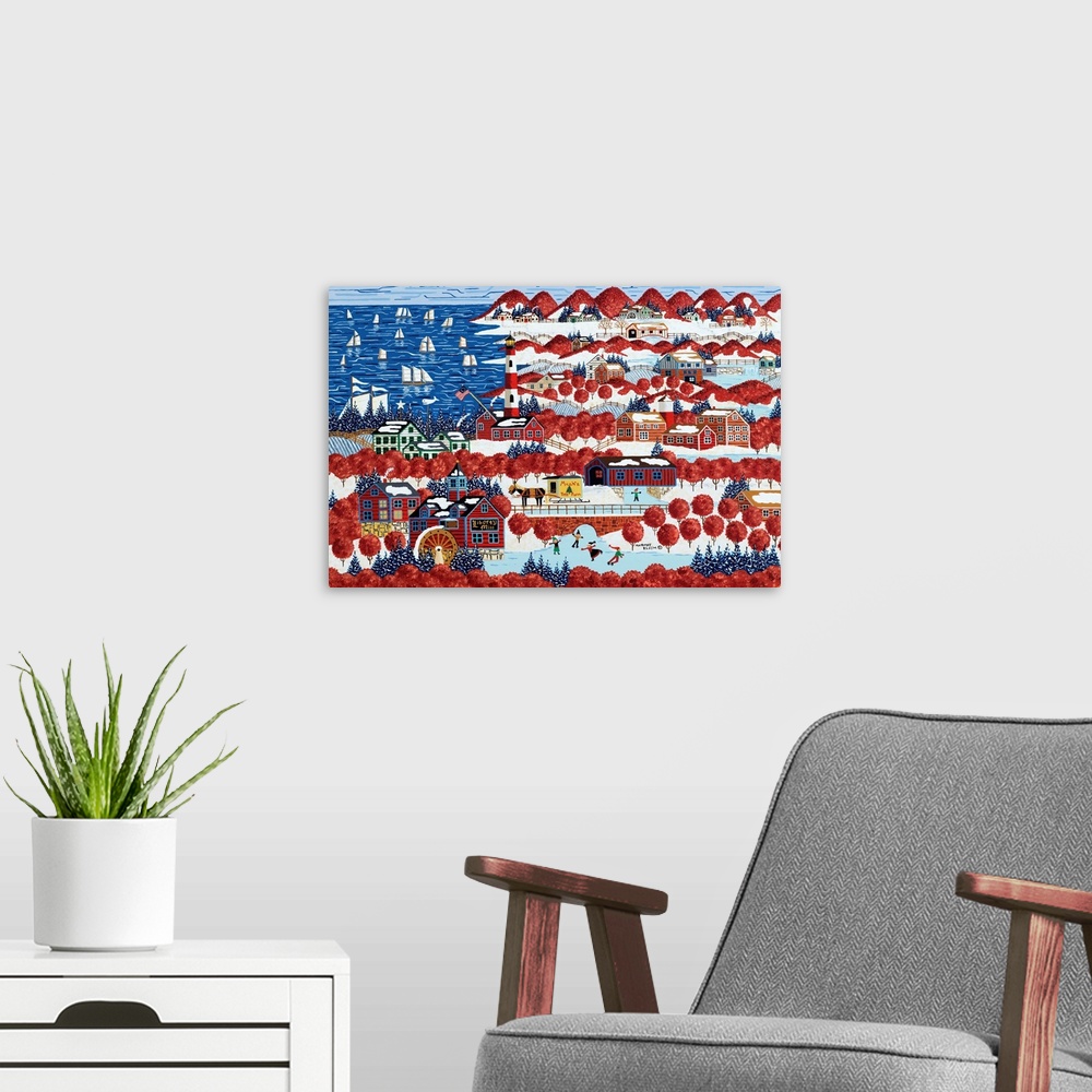 A modern room featuring A contemporary Americana painting of a countryside town in winter resembling the American flag.