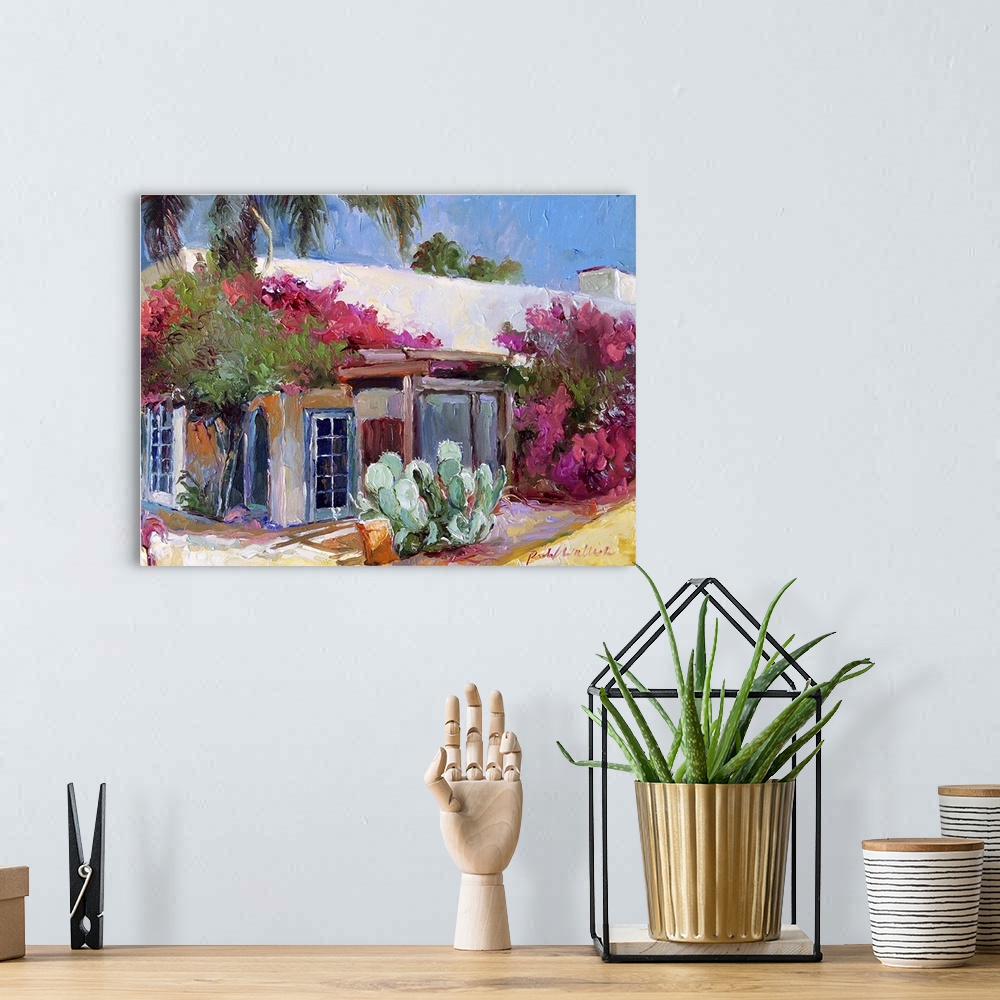 A bohemian room featuring Contemporary painting of a rural countryside house.