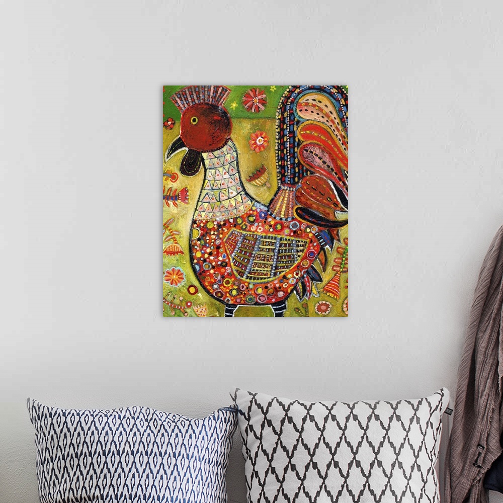A bohemian room featuring Lighthearted contemporary painting of a rooster against a green background.
