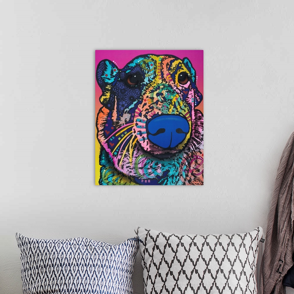 A bohemian room featuring Pop art style painting of a colorful dog with a fluffy neck, sad eyes, and graffiti-like designs ...