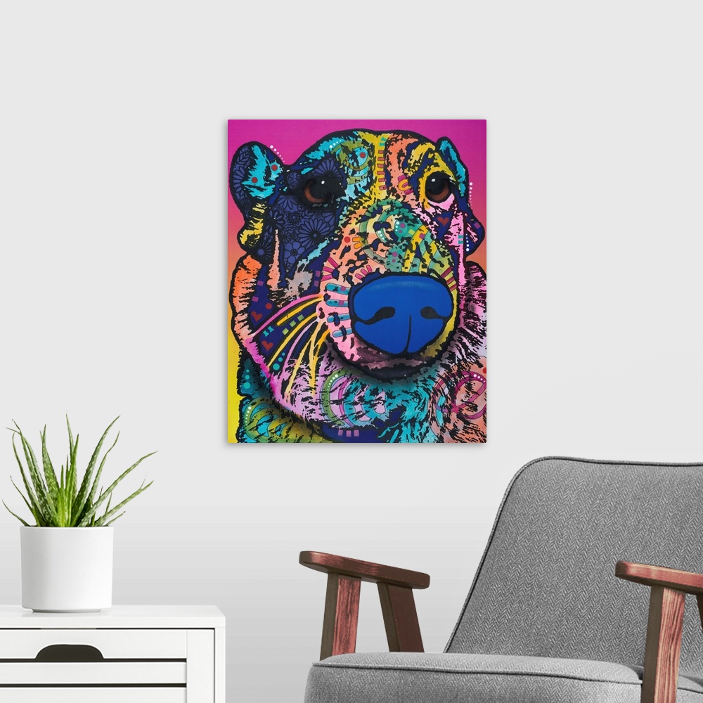 A modern room featuring Pop art style painting of a colorful dog with a fluffy neck, sad eyes, and graffiti-like designs ...