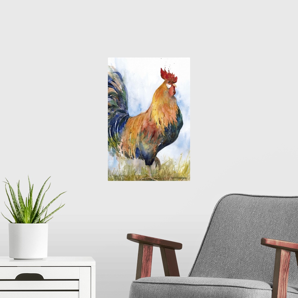 A modern room featuring Contemporary watercolor painting of a rooster.