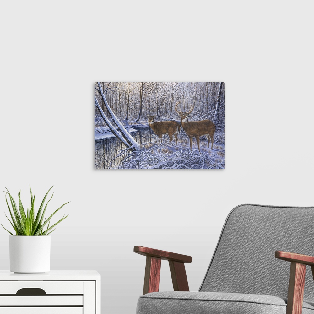 A modern room featuring Contemporary artwork of two white tail deer about to drink from stream in wintery forest but turn...