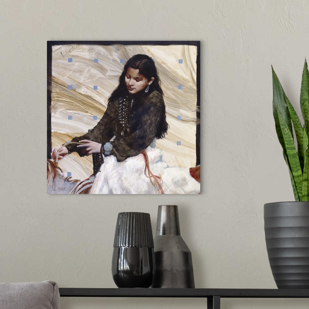 A modern room featuring Western themed contemporary painting of a Native American woman sitting side saddle on a horse.