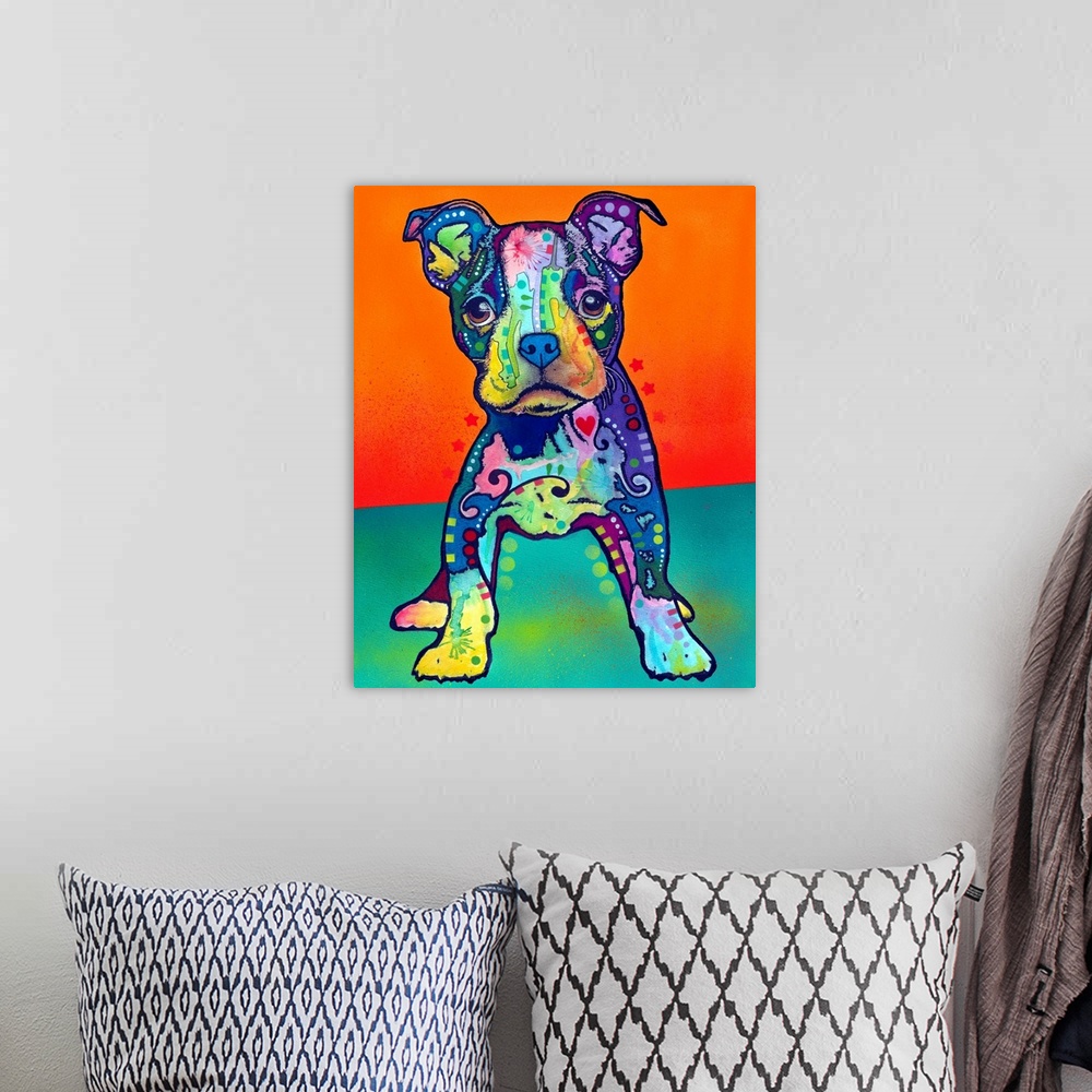 A bohemian room featuring Vertical, large artwork of a Pit Bull puppy with rainbow like graffiti coloring and shapes, on a ...