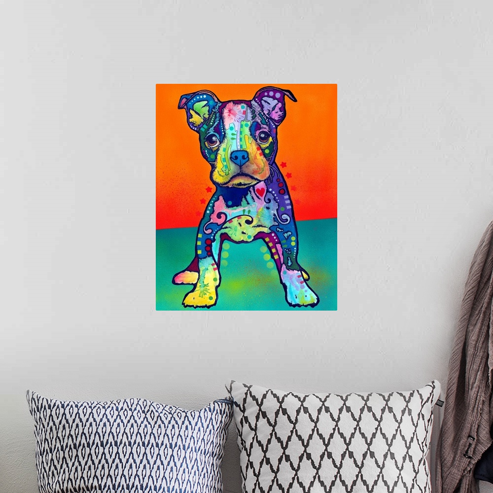 A bohemian room featuring Vertical, large artwork of a Pit Bull puppy with rainbow like graffiti coloring and shapes, on a ...