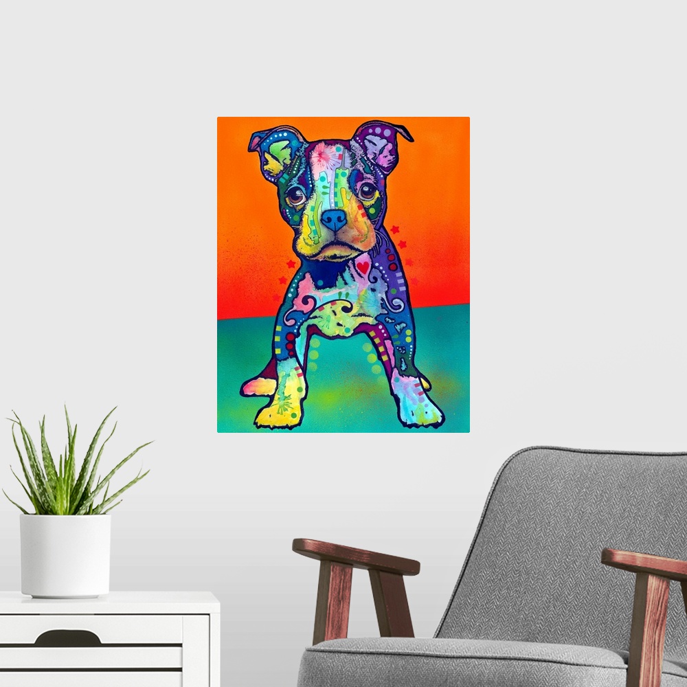 A modern room featuring Vertical, large artwork of a Pit Bull puppy with rainbow like graffiti coloring and shapes, on a ...