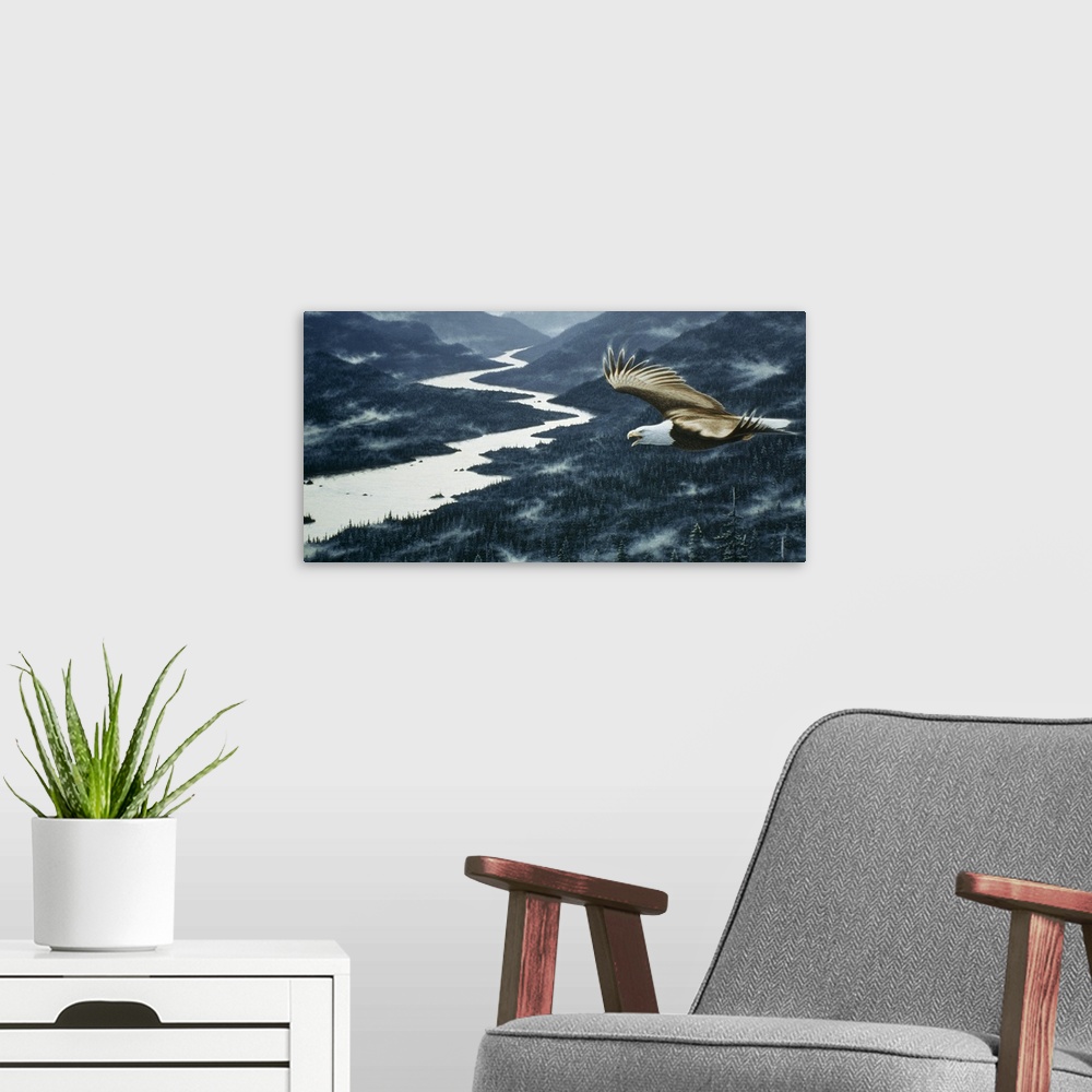 A modern room featuring an eagle soaring over the mtns with a river running through